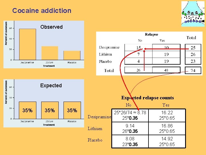 Cocaine addiction Observed Expected relapse counts 35% 35% No 25*26/74 ≈ 8. 78 Desipramine