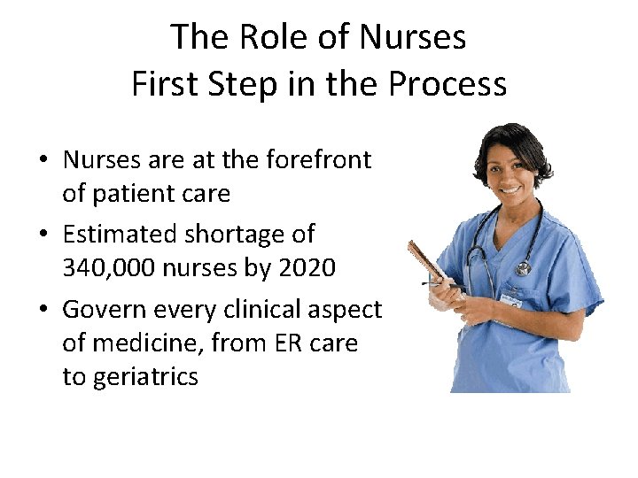 The Role of Nurses First Step in the Process • Nurses are at the