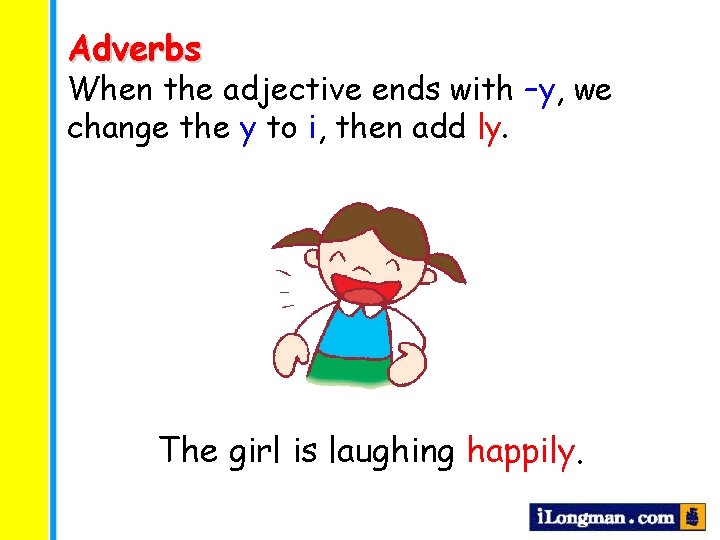 Adverbs When the adjective ends with –y, we change the y to i, then