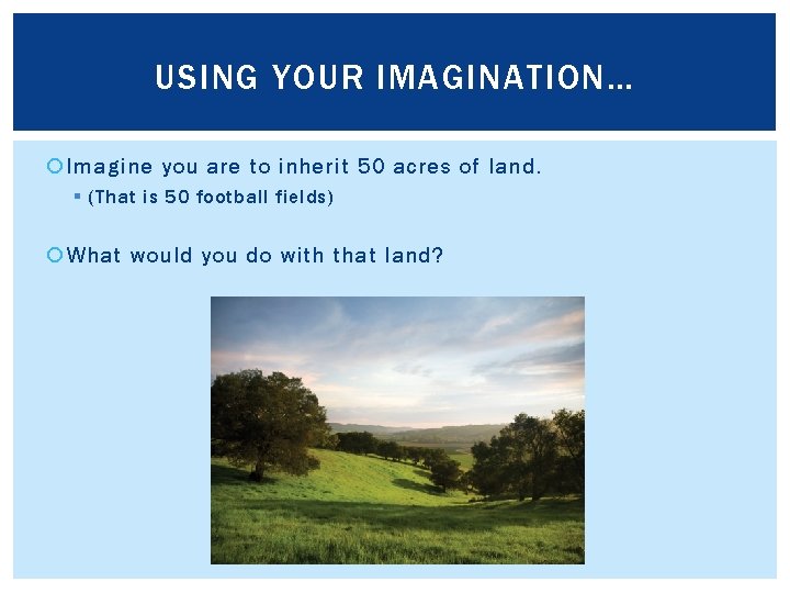 USING YOUR IMAGINATION… Imagine you are to inherit 50 acres of land. § (That