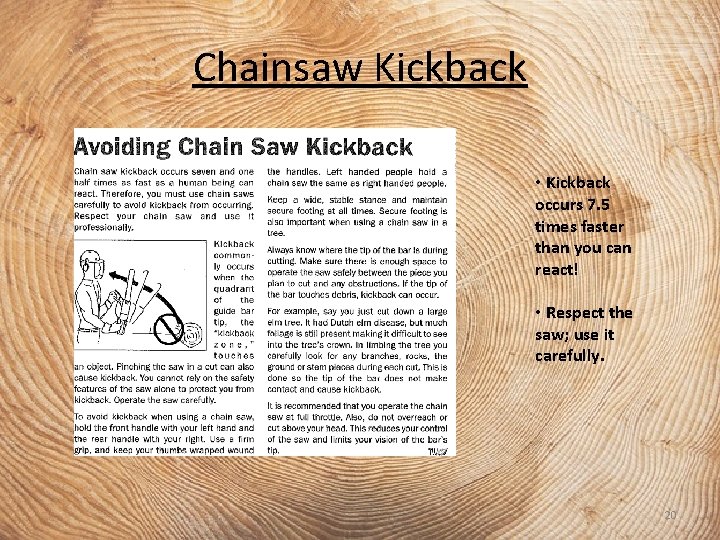Chainsaw Kickback • Kickback occurs 7. 5 times faster than you can react! •
