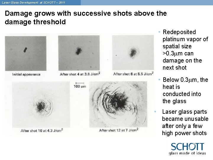 Laser Glass Development at SCHOTT – 2011 Damage grows with successive shots above the