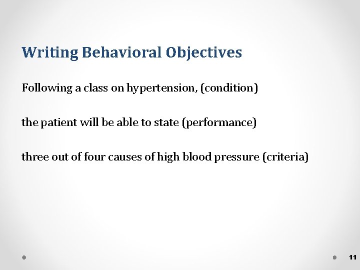 Writing Behavioral Objectives Following a class on hypertension, (condition) the patient will be able