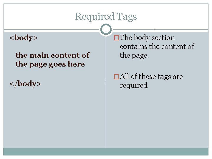 Required Tags <body> the main content of the page goes here </body> �The body