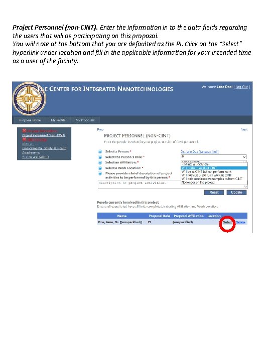 Project Personnel (non-CINT). Enter the information in to the data fields regarding the users