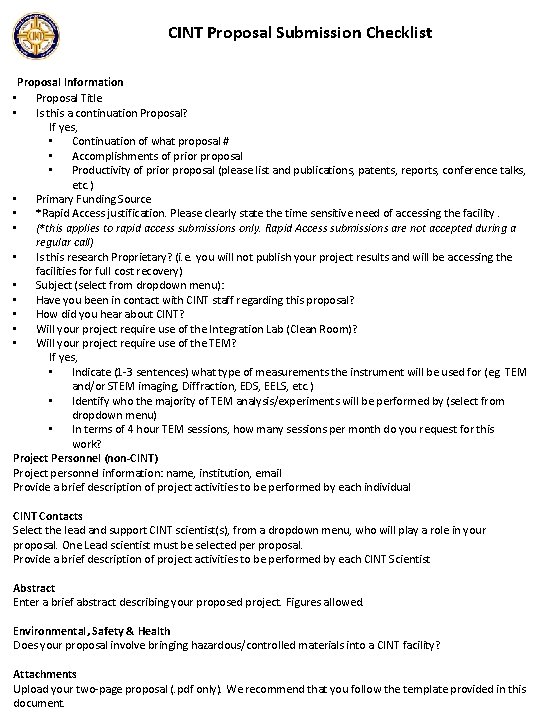 CINT Proposal Submission Checklist Proposal Information • Proposal Title • Is this a continuation