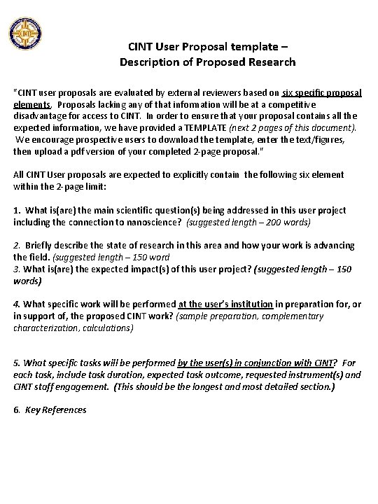 CINT User Proposal template – Description of Proposed Research "CINT user proposals are evaluated