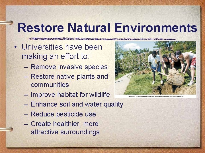 Restore Natural Environments • Universities have been making an effort to: – Remove invasive
