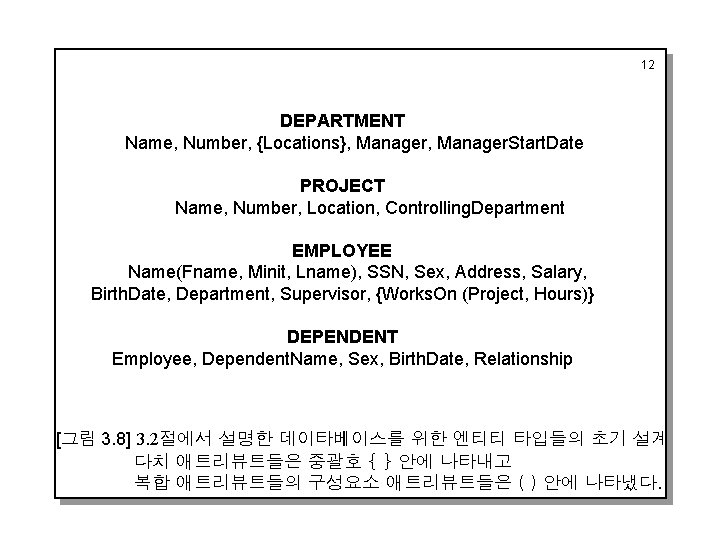 12 DEPARTMENT Name, Number, {Locations}, Manager. Start. Date PROJECT Name, Number, Location, Controlling. Department