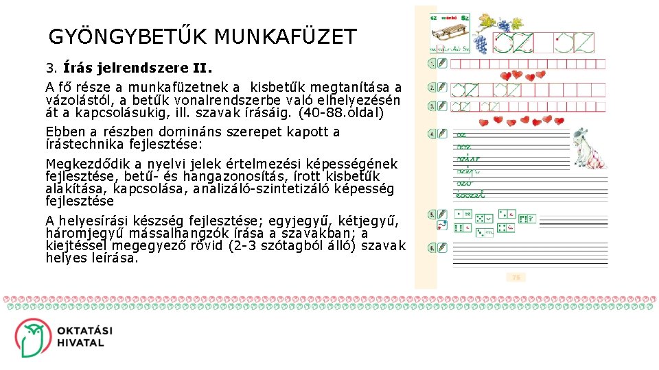 GYÖNGYBETŰK MUNKAFÜZET 3. Írás jelrendszere II. A fő része a munkafüzetnek a kisbetűk megtanítása