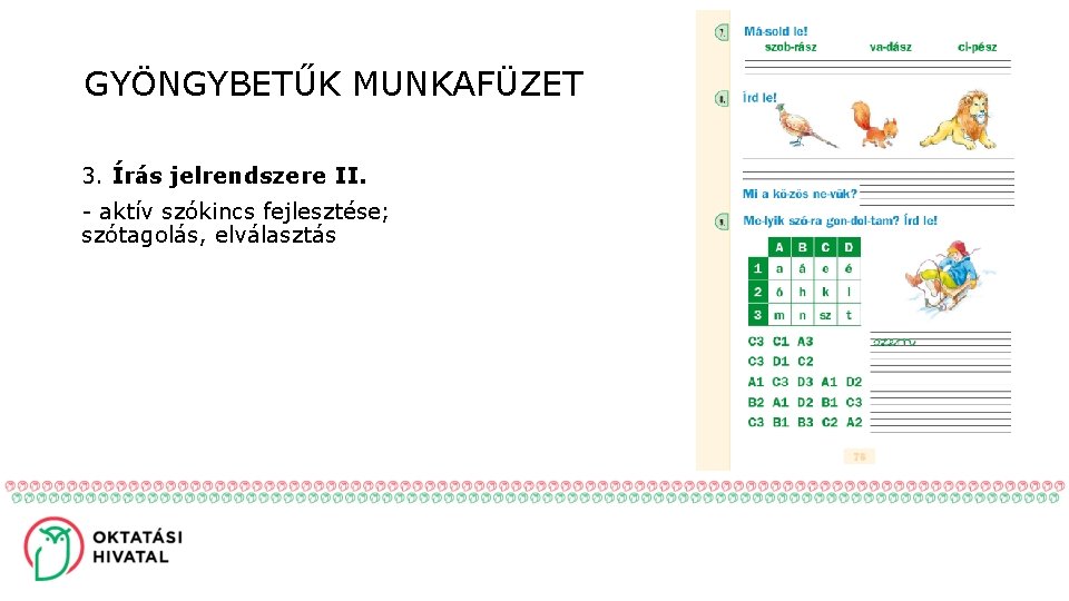 GYÖNGYBETŰK MUNKAFÜZET 3. Írás jelrendszere II. - aktív szókincs fejlesztése; szótagolás, elválasztás 