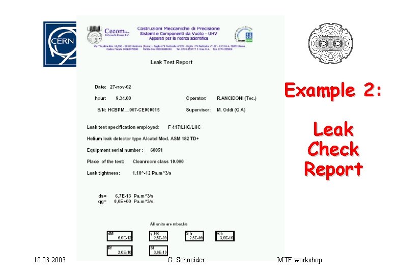 Example 2: Leak Check Report 18. 03. 2003 G. Schneider MTF workshop 