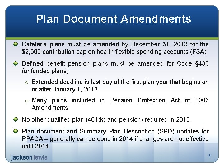 Plan Document Amendments Cafeteria plans must be amended by December 31, 2013 for the