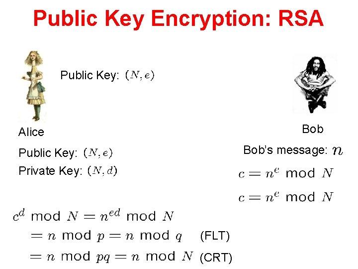 Public Key Encryption: RSA Public Key: Bob Alice Bob’s message: Public Key: Private Key:
