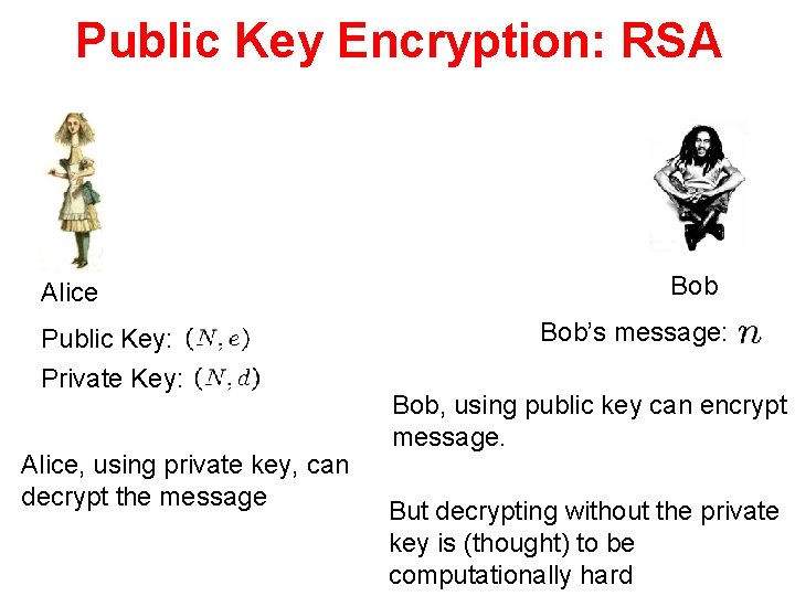 Public Key Encryption: RSA Alice Public Key: Private Key: Alice, using private key, can