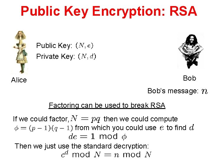 Public Key Encryption: RSA Public Key: Private Key: Bob Alice Bob’s message: Factoring can