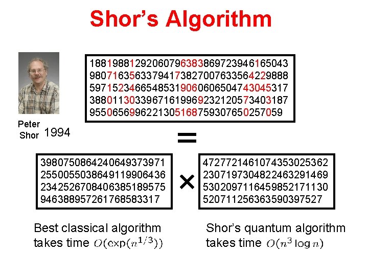 Shor’s Algorithm 18819881292060796383869723946165043 98071635633794173827007633564229888 59715234665485319060606504743045317 38801130339671619969232120573403187 9550656996221305168759307650257059 Peter Shor 1994 3980750864240649373971 2550055038649119906436 2342526708406385189575 946388957261768583317