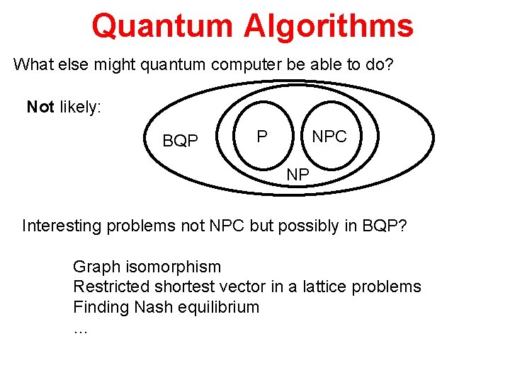 Quantum Algorithms What else might quantum computer be able to do? Not likely: BQP