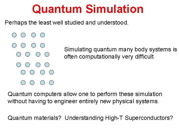 Quantum Simulation Perhaps the least well studied and understood. Simulating quantum many body systems