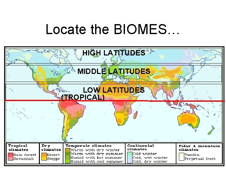 Locate the BIOMES… HIGH LATITUDES MIDDLE LATITUDES LOW LATITUDES (TROPICAL) 