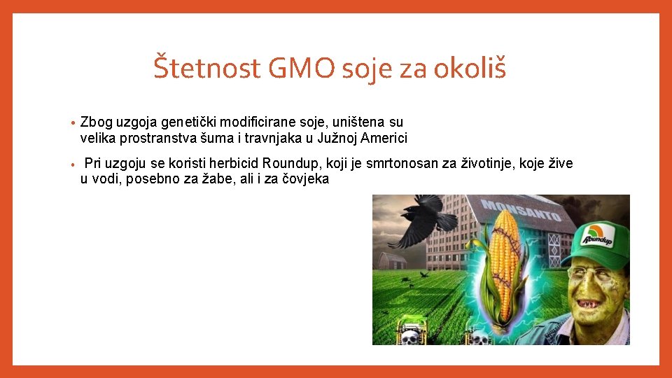 Štetnost GMO soje za okoliš • Zbog uzgoja genetički modificirane soje, uništena su velika