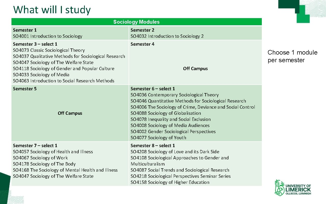 What will I study Sociology Modules Semester 1 SO 4001 Introduction to Sociology Semester