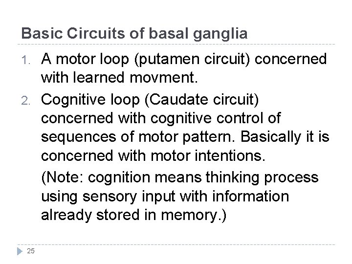 Basic Circuits of basal ganglia 1. 2. 25 A motor loop (putamen circuit) concerned