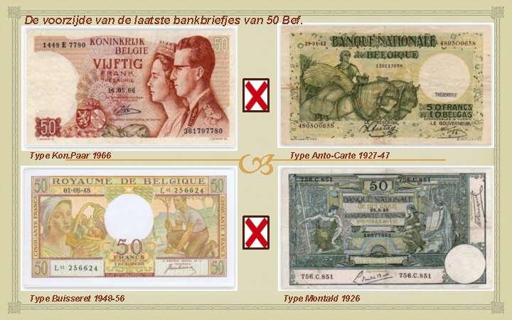 De voorzijde van de laatste bankbriefjes van 50 Bef. Type Kon. Paar 1966 Type