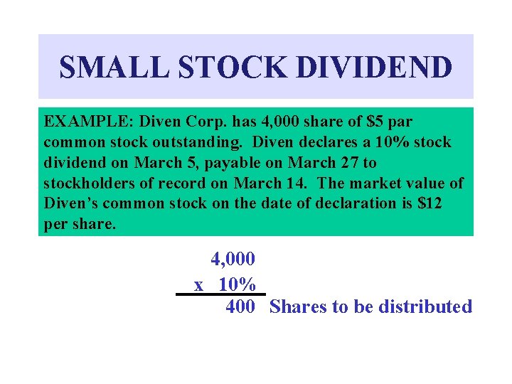 SMALL STOCK DIVIDEND EXAMPLE: Diven Corp. has 4, 000 share of $5 par common