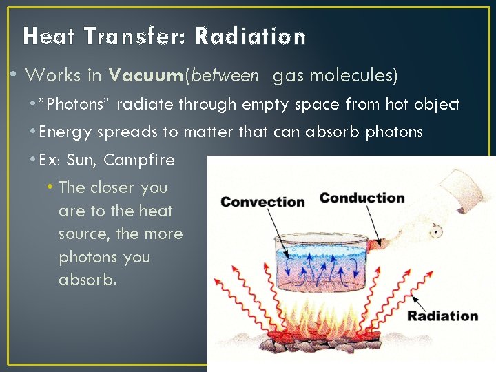 Heat Transfer: Radiation • Works in Vacuum (between gas molecules) • ”Photons” radiate through