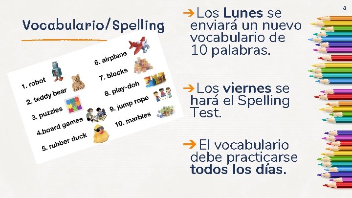 Vocabulario/Spelling ➔ Los Lunes se enviará un nuevo vocabulario de 10 palabras. ➔ Los