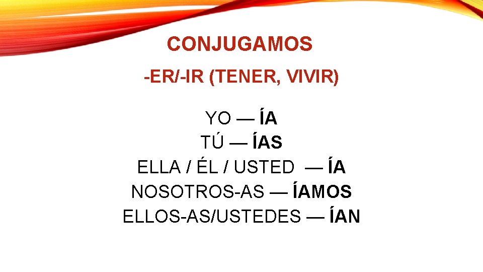 CONJUGAMOS -ER/-IR (TENER, VIVIR) YO — ÍA TÚ — ÍAS ELLA / ÉL /