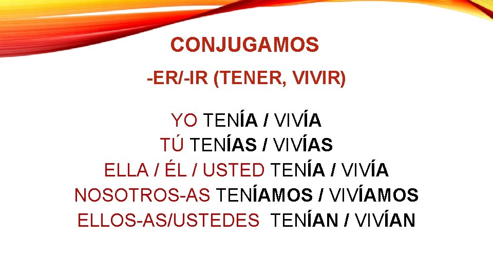 CONJUGAMOS -ER/-IR (TENER, VIVIR) YO TENÍA / VIVÍA TÚ TENÍAS / VIVÍAS ELLA /