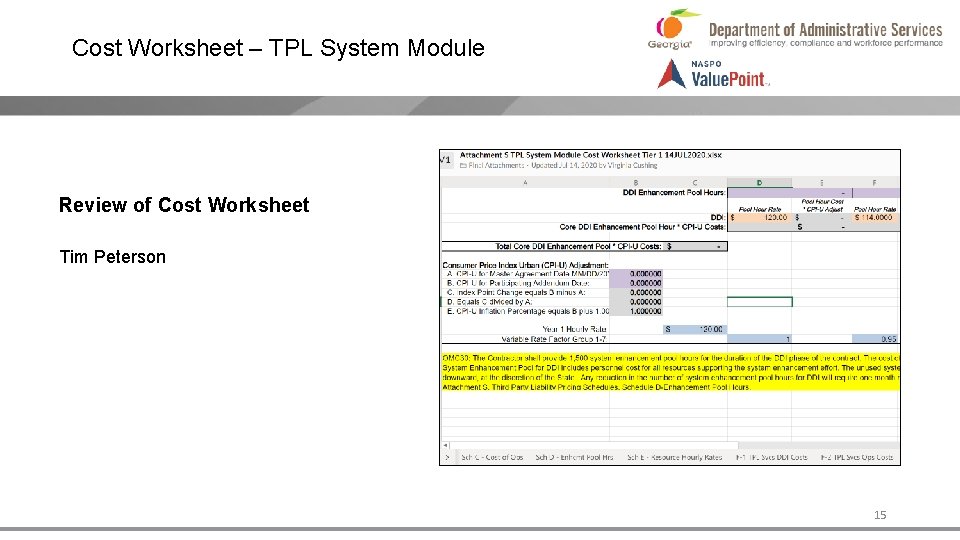 Cost Worksheet – TPL System Module Review of Cost Worksheet Tim Peterson 15 