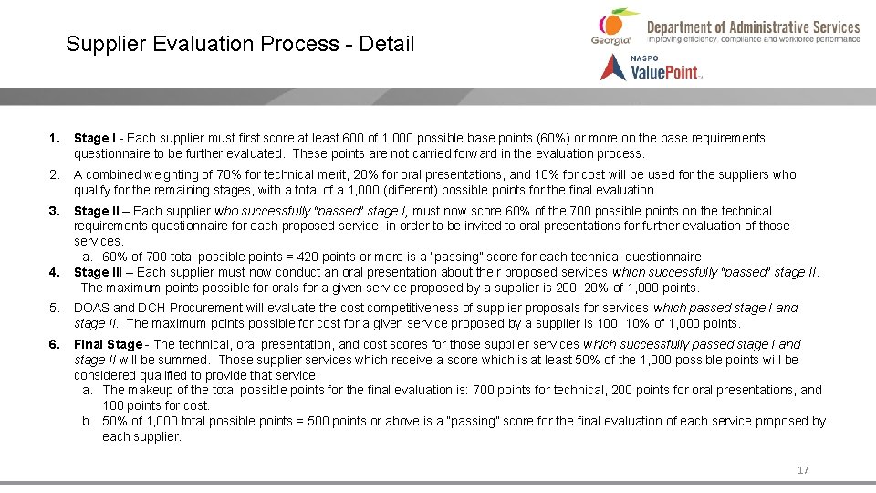 Supplier Evaluation Process - Detail 1. Stage I - Each supplier must first score