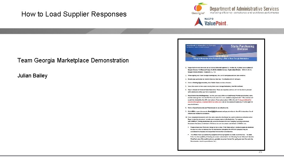 How to Load Supplier Responses Team Georgia Marketplace Demonstration Julian Bailey 21 