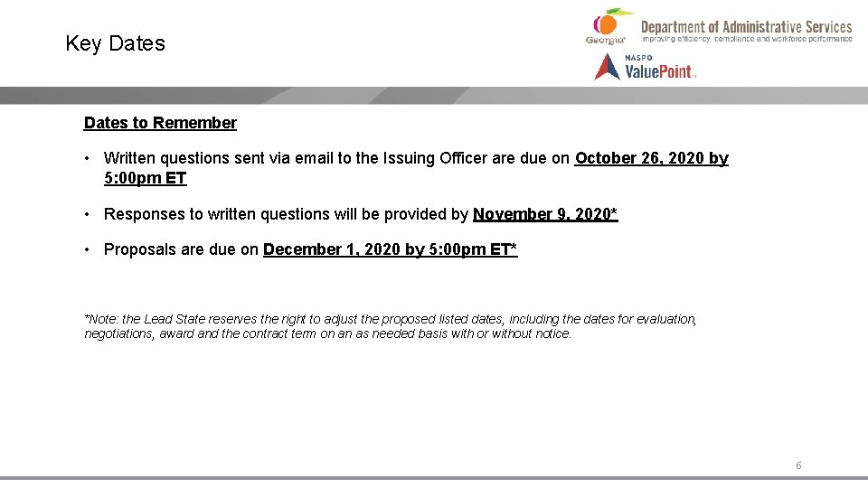 Key Dates to Remember • Written questions sent via email to the Issuing Officer