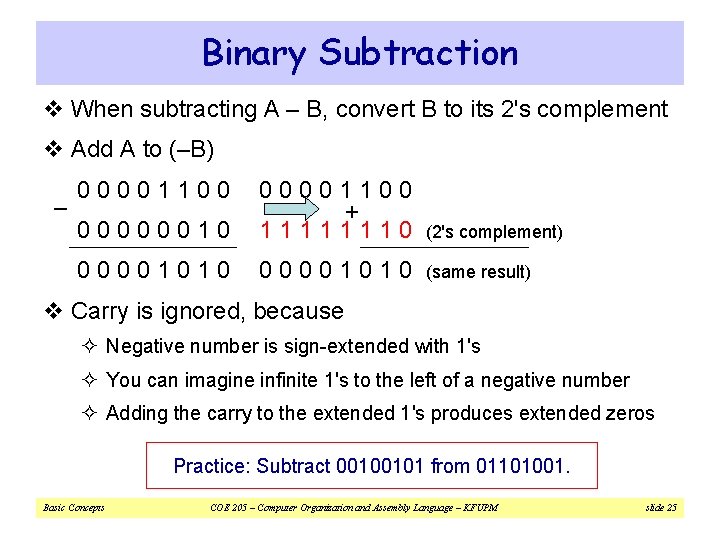 Binary Subtraction v When subtracting A – B, convert B to its 2's complement