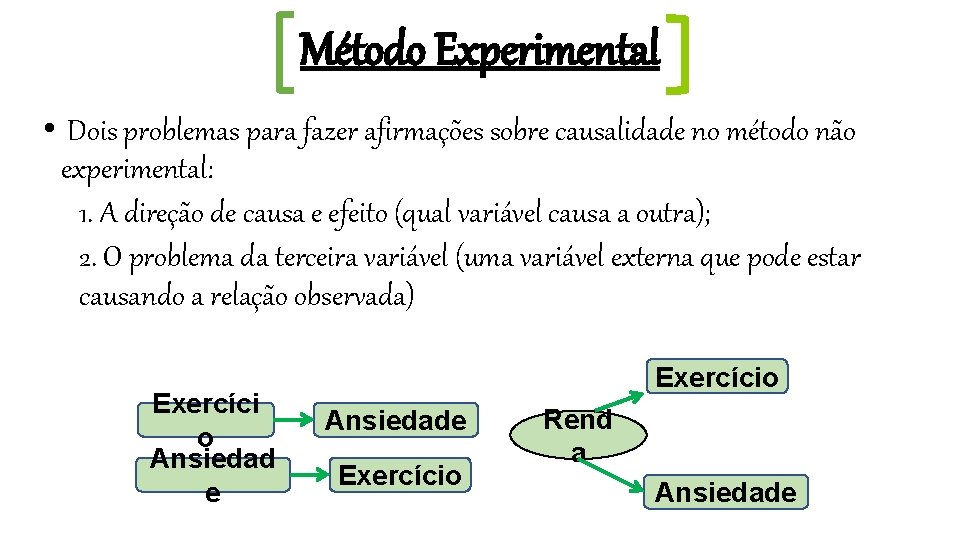 Método Experimental • Dois problemas para fazer afirmações sobre causalidade no método não experimental: