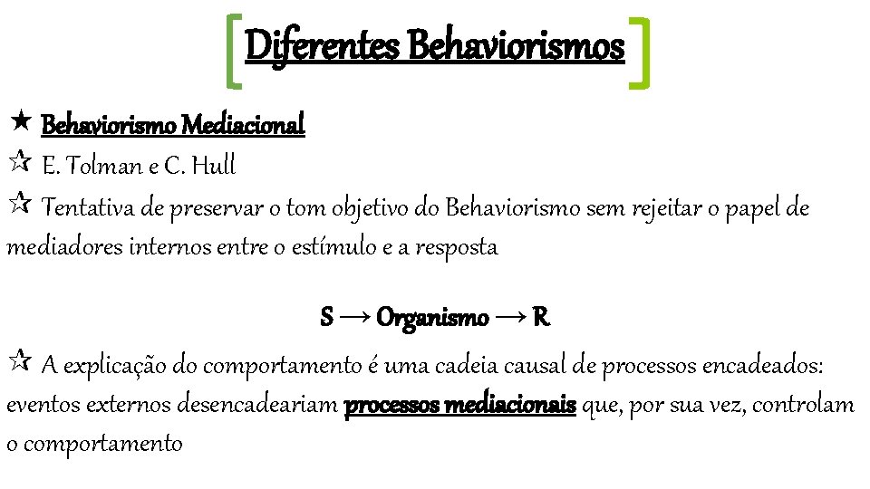 Diferentes Behaviorismos Behaviorismo Mediacional E. Tolman e C. Hull Tentativa de preservar o tom