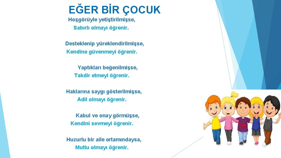 EĞER BİR ÇOCUK Hoşgörüyle yetiştirilmişse, Sabırlı olmayı öğrenir. Desteklenip yüreklendirilmişse, Kendine güvenmeyi öğrenir. Yaptıkları