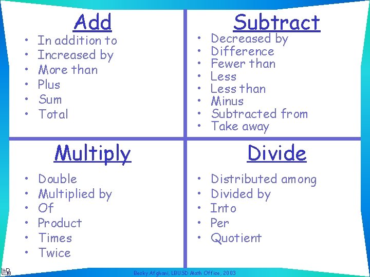  • • • Add In addition to Increased by More than Plus Sum