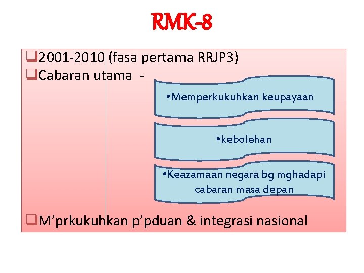 RMK-8 q 2001 -2010 (fasa pertama RRJP 3) q. Cabaran utama • Memperkukuhkan keupayaan