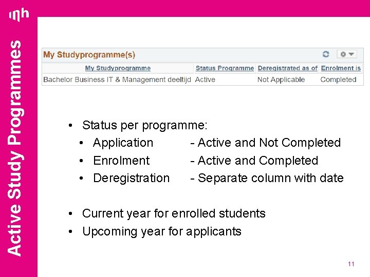 Active Study Programmes • Status per programme: • Application - Active and Not Completed
