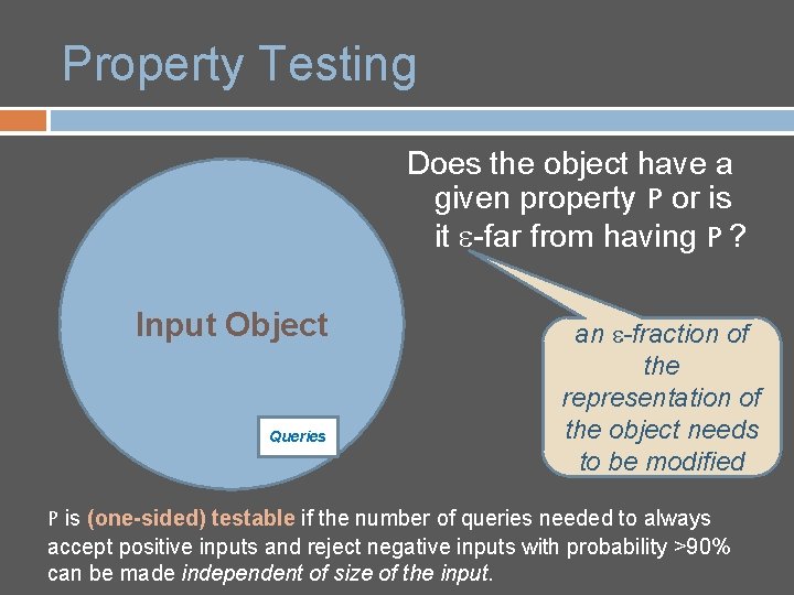 Property Testing Does the object have a given property P or is it e-far