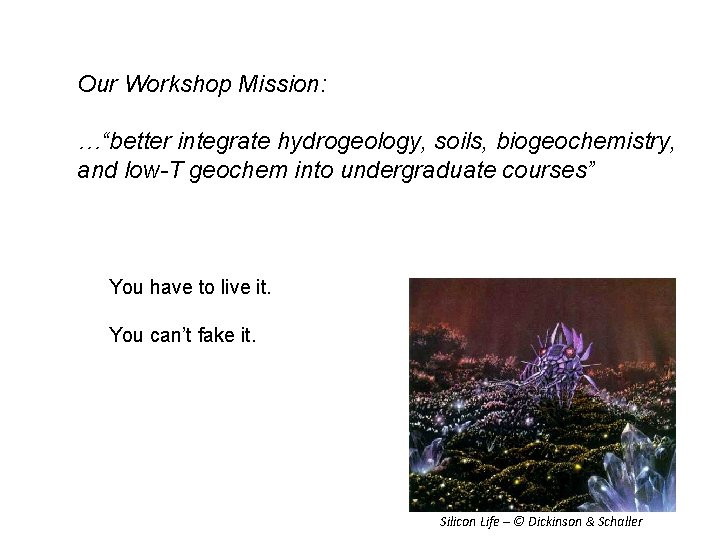 Our Workshop Mission: …“better integrate hydrogeology, soils, biogeochemistry, and low-T geochem into undergraduate courses”