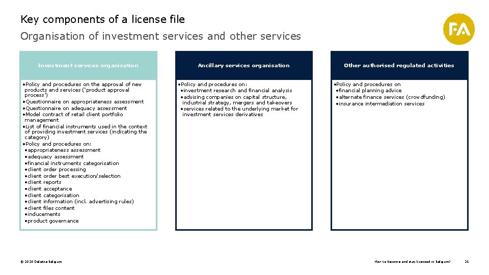 Key components of a license file Organisation of investment services and other services Investment