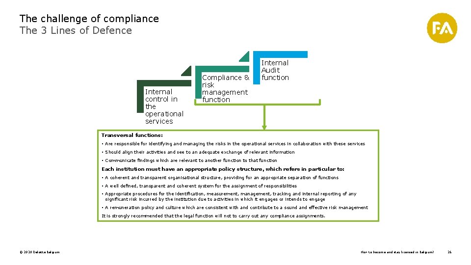 The challenge of compliance The 3 Lines of Defence Internal control in the operational