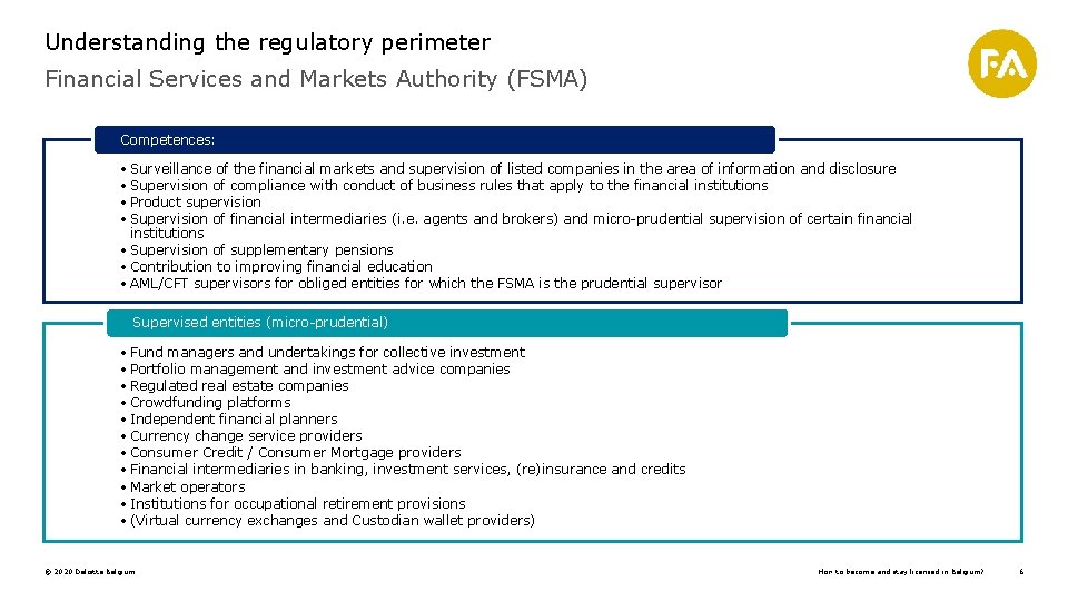 Understanding the regulatory perimeter Financial Services and Markets Authority (FSMA) Competences: • Surveillance of