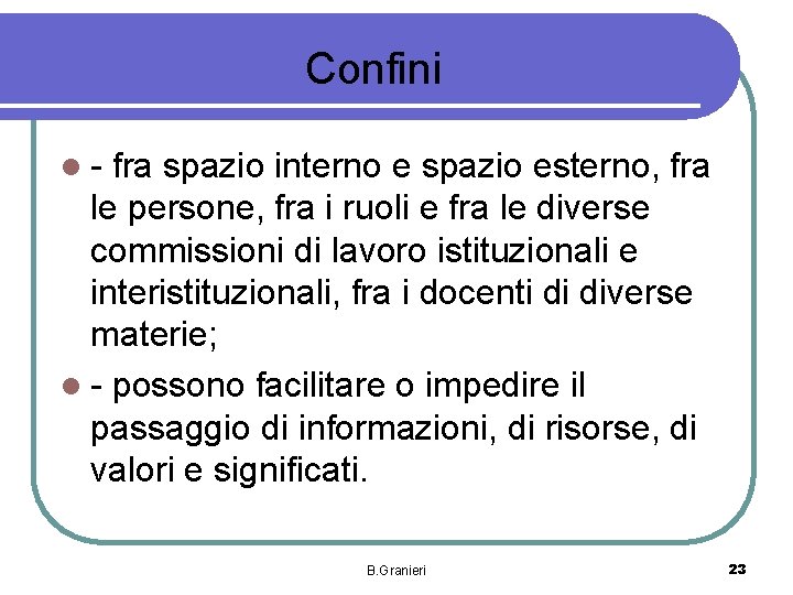 Confini l- fra spazio interno e spazio esterno, fra le persone, fra i ruoli